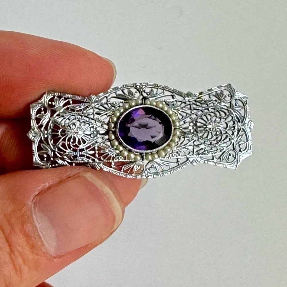 10K White Gold Filigree Brooch Amethyst Pearl Antique Ornate Pin Estate Piece‎